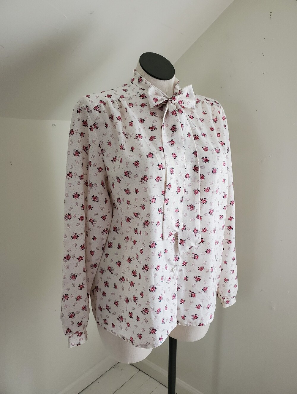 70s Vintage Pussybow Long Sleeve Blouse Micro Polka Dot Paisley Rose Print - Picture 5 of 10